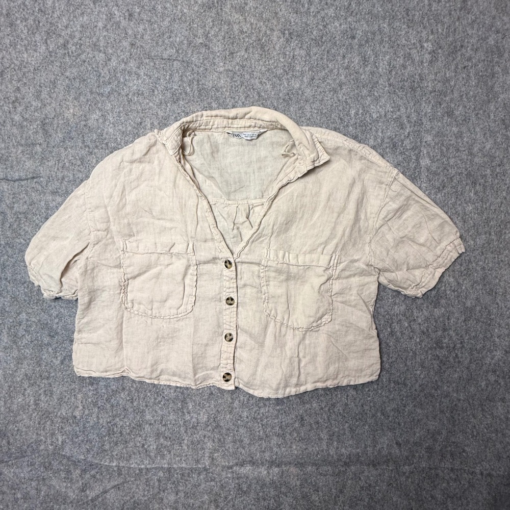 Zara Linen Crop Top Womens Small Beige Short Sleeve Button Up Boxy Shirt Boho
